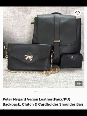 Peter Nygard Black Vegan Leather Backpack, Clutch & Cardholder Set